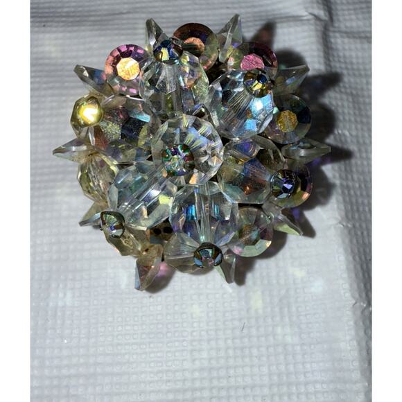 Vintage AB Aurora Borealis Cluster Crystal Beads Brooch Pin 1" D - Picture 1 of 4
